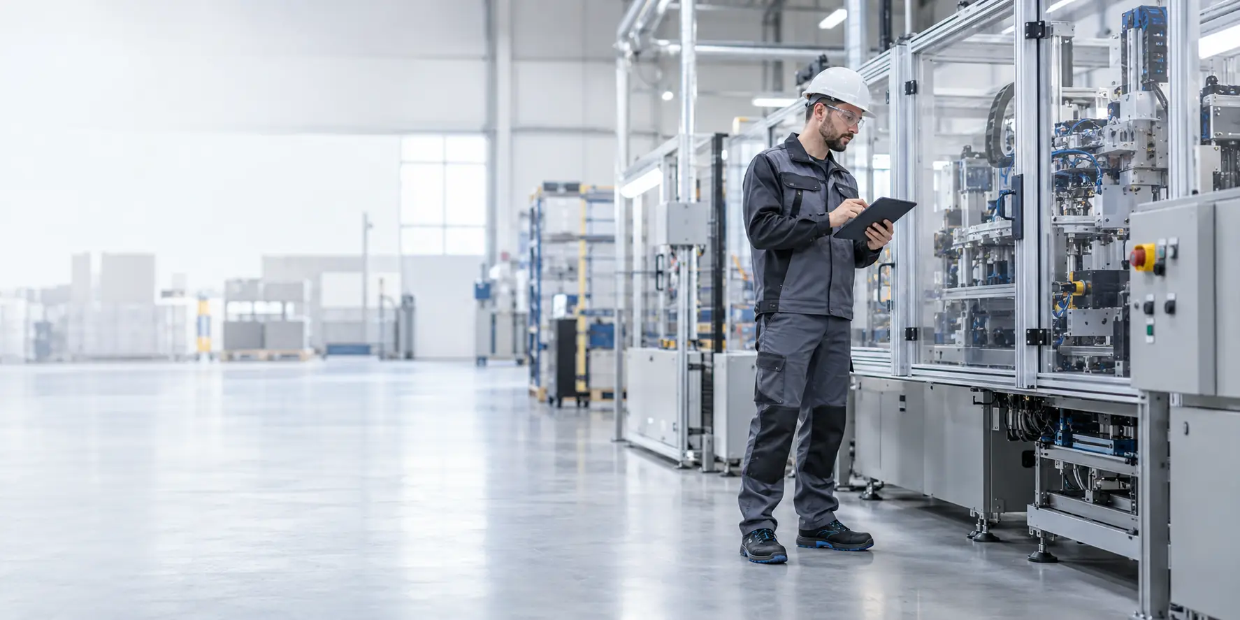 Fachkraft prüft die Sicherheit einer automatisierten Maschine
